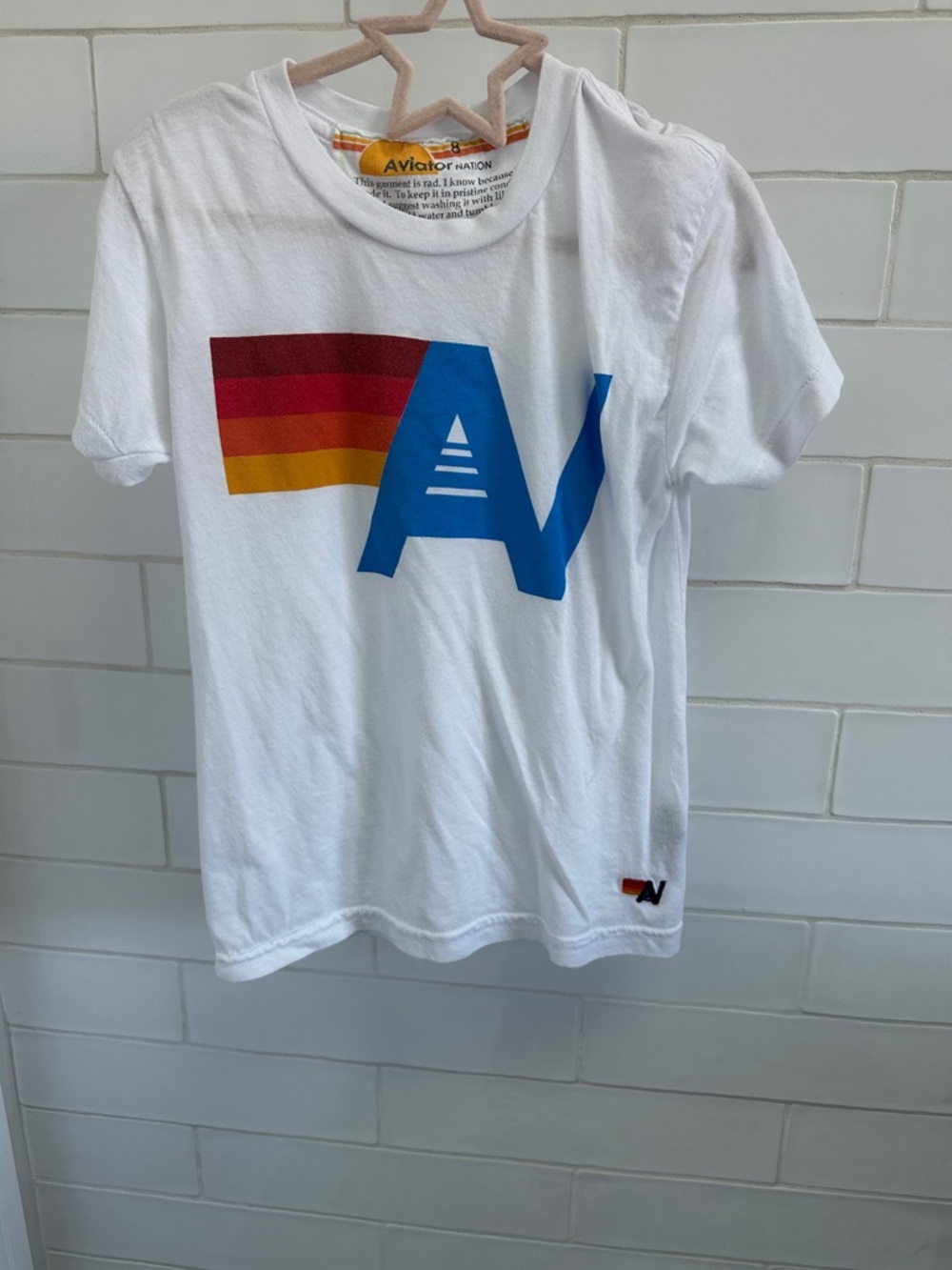 Aviator Nation kids Graphic Logo Tee in White with Blue + Sunset Stripe